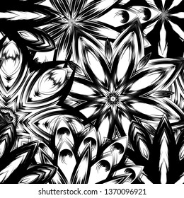 Seamless floral background. Tracery handmade nature ethnic fabric backdrop pattern with saturated dark flowers. Textile design texture. Decorative binary monochrome black and white art. Vector