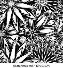 Seamless floral background. Tracery handmade nature ethnic fabric backdrop pattern with saturated dark flowers. Textile design texture. Decorative binary monochrome black and white art. Vector