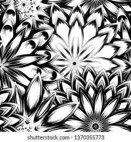 Seamless floral background. Tracery handmade nature ethnic fabric backdrop pattern with saturated dark flowers. Textile design texture. Decorative binary monochrome black and white art. Vector