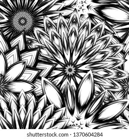 Seamless floral background. Tracery handmade nature ethnic fabric backdrop pattern with saturated dark flowers. Textile design texture. Decorative binary monochrome black and white art. Vector