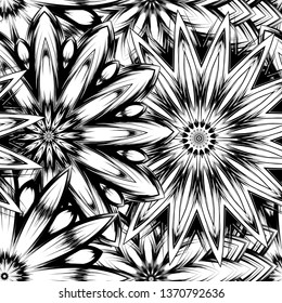 Seamless floral background. Tracery handmade nature ethnic fabric backdrop pattern with saturated dark flowers. Textile design texture. Decorative binary monochrome black and white art. Vector