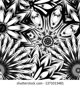 Seamless floral background. Tracery handmade nature ethnic fabric backdrop pattern with saturated dark flowers. Textile design texture. Decorative binary monochrome black and white art. Vector
