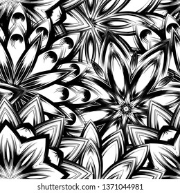 Seamless floral background. Tracery handmade nature ethnic fabric backdrop pattern with saturated dark flowers. Textile design texture. Decorative binary monochrome black and white art. Vector