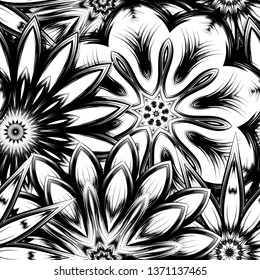 Seamless floral background. Tracery handmade nature ethnic fabric backdrop pattern with saturated dark flowers. Textile design texture. Decorative binary monochrome black and white art. Vector