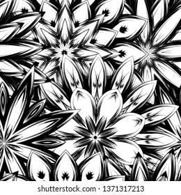 Seamless floral background. Tracery handmade nature ethnic fabric backdrop pattern with saturated dark flowers. Textile design texture. Decorative binary monochrome black and white art. Vector