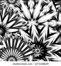 Seamless floral background. Tracery handmade nature ethnic fabric backdrop pattern with saturated dark flowers. Textile design texture. Decorative binary monochrome black and white art. Vector