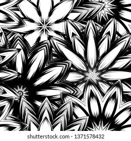 Seamless floral background. Tracery handmade nature ethnic fabric backdrop pattern with saturated dark flowers. Textile design texture. Decorative binary monochrome black and white art. Vector