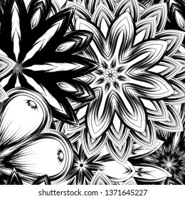 Seamless floral background. Tracery handmade nature ethnic fabric backdrop pattern with saturated dark flowers. Textile design texture. Decorative binary monochrome black and white art. Vector
