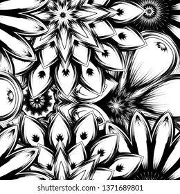 Seamless floral background. Tracery handmade nature ethnic fabric backdrop pattern with saturated dark flowers. Textile design texture. Decorative binary monochrome black and white art. Vector