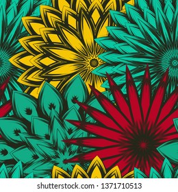 Seamless floral background. Tracery handmade nature ethnic fabric backdrop pattern with flowers. Textile design texture. Decorative color art. Vector