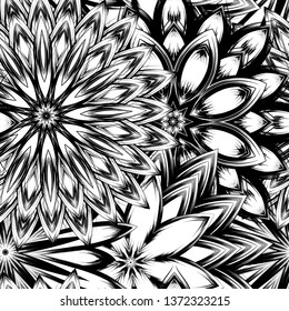 Seamless floral background. Tracery handmade nature ethnic fabric backdrop pattern with saturated dark flowers. Textile design texture. Decorative binary monochrome black and white art. Vector