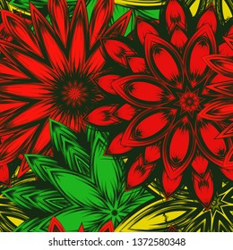 Seamless floral background. Tracery handmade nature ethnic fabric backdrop pattern with flowers. Textile design texture. Decorative color art. Vector