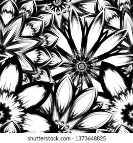Seamless floral background. Tracery handmade nature ethnic fabric backdrop pattern with saturated dark flowers. Textile design texture. Decorative binary monochrome black and white art. Vector