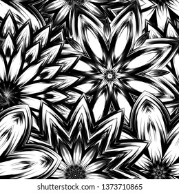 Seamless floral background. Tracery handmade nature ethnic fabric backdrop pattern with saturated dark flowers. Textile design texture. Decorative binary monochrome black and white art. Vector