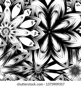 Seamless floral background. Tracery handmade nature ethnic fabric backdrop pattern with saturated dark flowers. Textile design texture. Decorative binary monochrome black and white art. Vector