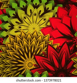 Seamless floral background. Tracery handmade nature ethnic fabric backdrop pattern with flowers. Textile design texture. Decorative color art. Vector