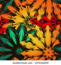 Seamless floral background. Tracery handmade nature ethnic fabric backdrop pattern with flowers. Textile design texture. Decorative color art. Vector