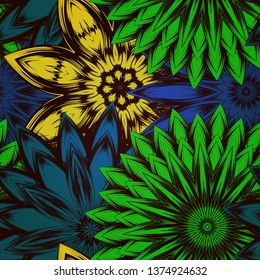 Seamless floral background. Tracery handmade nature ethnic fabric backdrop pattern with flowers. Textile design texture. Decorative color art. Vector