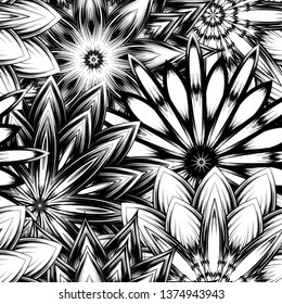 Seamless floral background. Tracery handmade nature ethnic fabric backdrop pattern with saturated dark flowers. Textile design texture. Decorative binary monochrome black and white art. Vector