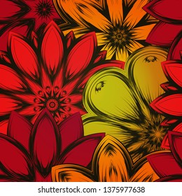 Seamless floral background. Tracery handmade nature ethnic fabric backdrop pattern with flowers. Textile design texture. Decorative color art. Vector