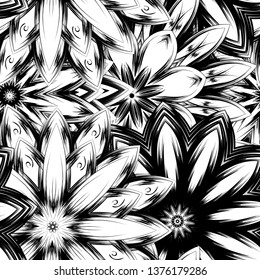Seamless floral background. Tracery handmade nature ethnic fabric backdrop pattern with saturated dark flowers. Textile design texture. Decorative binary monochrome black and white art. Vector