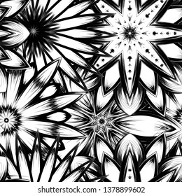 Seamless floral background. Tracery handmade nature ethnic fabric backdrop pattern with saturated dark flowers. Textile design texture. Decorative binary monochrome black and white art. Vector