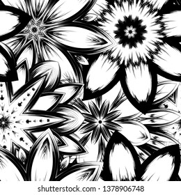 Seamless floral background. Tracery handmade nature ethnic fabric backdrop pattern with saturated dark flowers. Textile design texture. Decorative binary monochrome black and white art. Vector