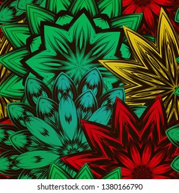 Seamless floral background. Tracery handmade nature ethnic fabric backdrop pattern with flowers. Textile design texture. Decorative color art. Vector