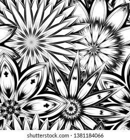 Seamless floral background. Tracery handmade nature ethnic fabric backdrop pattern with saturated dark flowers. Textile design texture. Decorative binary monochrome black and white art. Vector