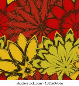 Seamless floral background. Tracery handmade nature ethnic fabric backdrop pattern with flowers. Textile design texture. Decorative color art. Vector