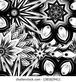Seamless floral background. Tracery handmade nature ethnic fabric backdrop pattern with saturated dark flowers. Textile design texture. Decorative binary monochrome black and white art. Vector