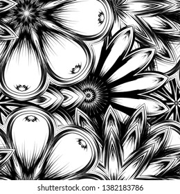 Seamless floral background. Tracery handmade nature ethnic fabric backdrop pattern with saturated dark flowers. Textile design texture. Decorative binary monochrome black and white art. Vector