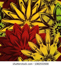 Seamless floral background. Tracery handmade nature ethnic fabric backdrop pattern with flowers. Textile design texture. Decorative color art. Vector