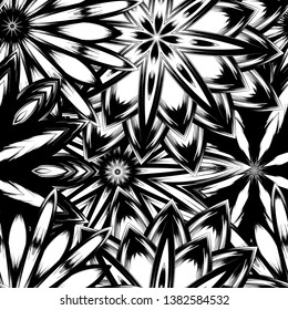 Seamless floral background. Tracery handmade nature ethnic fabric backdrop pattern with saturated dark flowers. Textile design texture. Decorative binary monochrome black and white art. Vector