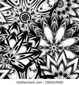 Seamless floral background. Tracery handmade nature ethnic fabric backdrop pattern with saturated dark flowers. Textile design texture. Decorative binary monochrome black and white art. Vector