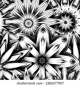 Seamless floral background. Tracery handmade nature ethnic fabric backdrop pattern with saturated dark flowers. Textile design texture. Decorative binary monochrome black and white art. Vector