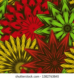 Seamless floral background. Tracery handmade nature ethnic fabric backdrop pattern with flowers. Textile design texture. Decorative color art. Vector