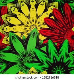 Seamless floral background. Tracery handmade nature ethnic fabric backdrop pattern with flowers. Textile design texture. Decorative color art. Vector