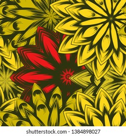 Seamless floral background. Tracery handmade nature ethnic fabric backdrop pattern with flowers. Textile design texture. Decorative color art. Vector