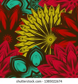 Seamless floral background. Tracery handmade nature ethnic fabric backdrop pattern with flowers. Textile design texture. Decorative color art. Vector