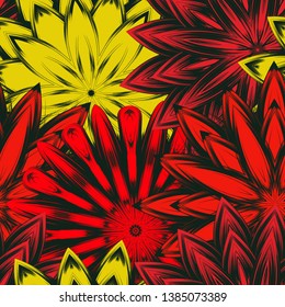 Seamless floral background. Tracery handmade nature ethnic fabric backdrop pattern with flowers. Textile design texture. Decorative color art. Vector