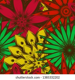 Seamless floral background. Tracery handmade nature ethnic fabric backdrop pattern with flowers. Textile design texture. Decorative color art. Vector