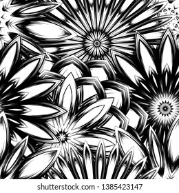 Seamless floral background. Tracery handmade nature ethnic fabric backdrop pattern with saturated dark flowers. Textile design texture. Decorative binary monochrome black and white art. Vector