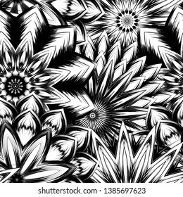Seamless floral background. Tracery handmade nature ethnic fabric backdrop pattern with saturated dark flowers. Textile design texture. Decorative binary monochrome black and white art. Vector