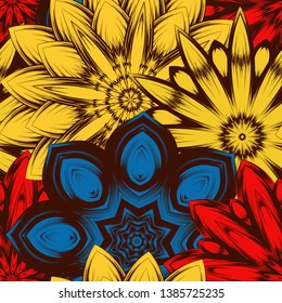 Seamless floral background. Tracery handmade nature ethnic fabric backdrop pattern with flowers. Textile design texture. Decorative color art. Vector