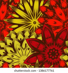 Seamless floral background. Tracery handmade nature ethnic fabric backdrop pattern with flowers. Textile design texture. Decorative color art. Vector