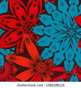 Seamless floral background. Tracery handmade nature ethnic fabric backdrop pattern with flowers. Textile design texture. Decorative color art. Vector