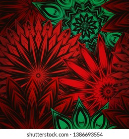 Seamless floral background. Tracery handmade nature ethnic fabric backdrop pattern with flowers. Textile design texture. Decorative color art. Vector