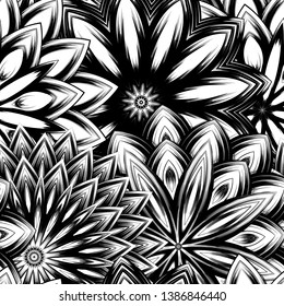 Seamless floral background. Tracery handmade nature ethnic fabric backdrop pattern with saturated dark flowers. Textile design texture. Decorative binary monochrome black and white art. Vector