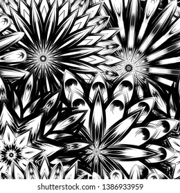 Seamless floral background. Tracery handmade nature ethnic fabric backdrop pattern with saturated dark flowers. Textile design texture. Decorative binary monochrome black and white art. Vector